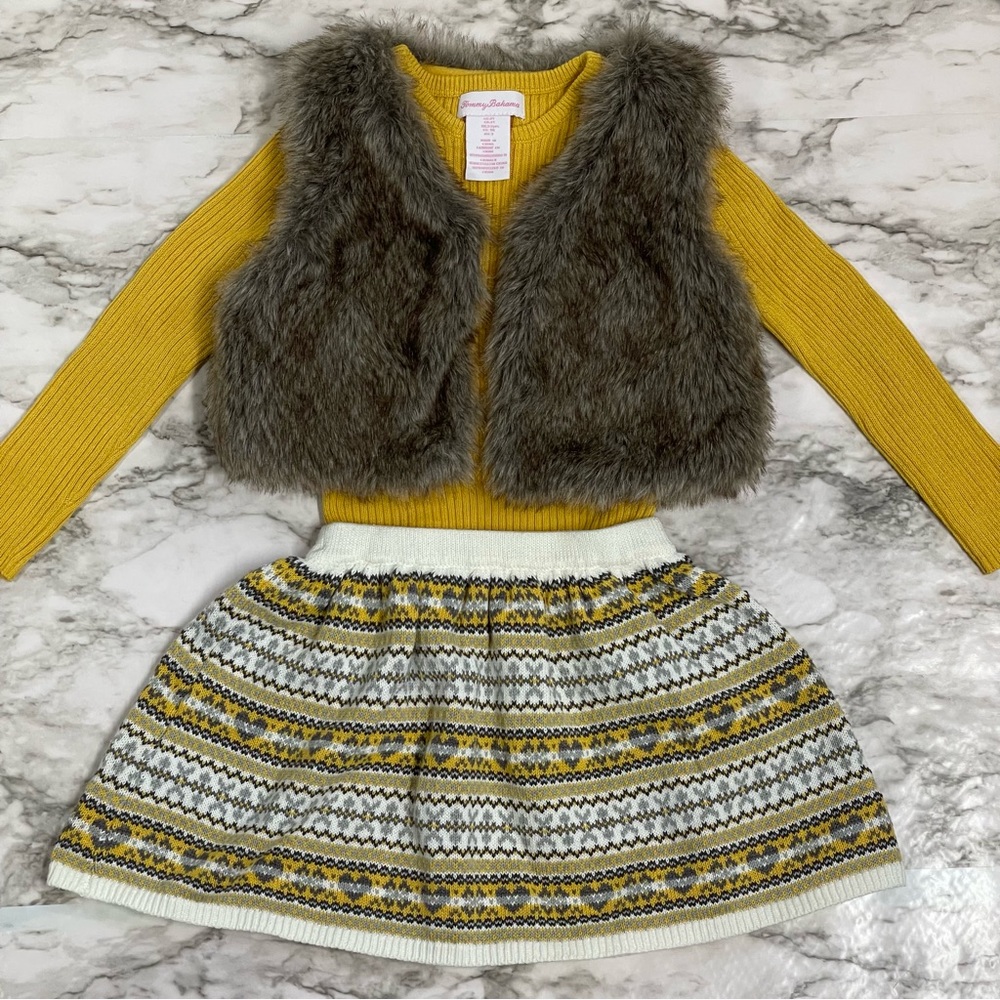 Tommy Bahama Girls 3 Piece Set Size 3T Knit Skirt Long Sleeve Top Faux Fur Vest